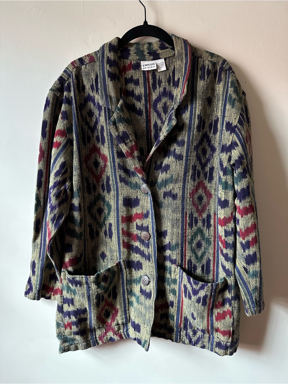 Vintage Chicos Cotton Southwest Tribal Pattern Boho Tapestry Jacket Size 1